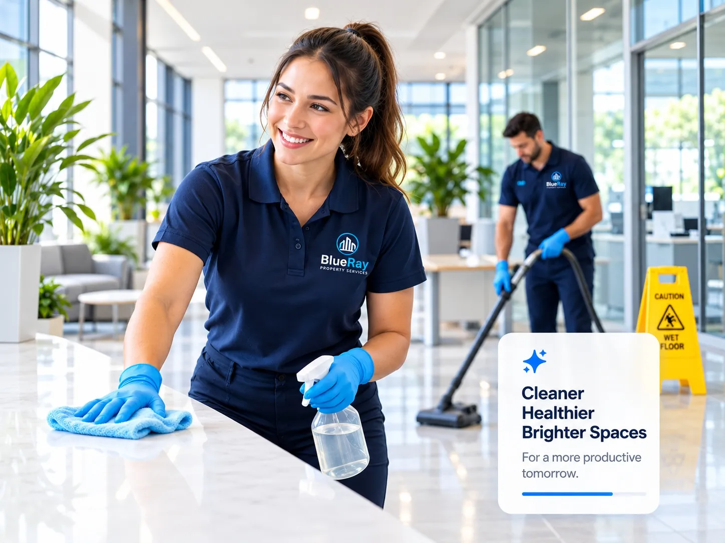 BlueRay commercial cleaners working in a bright office
